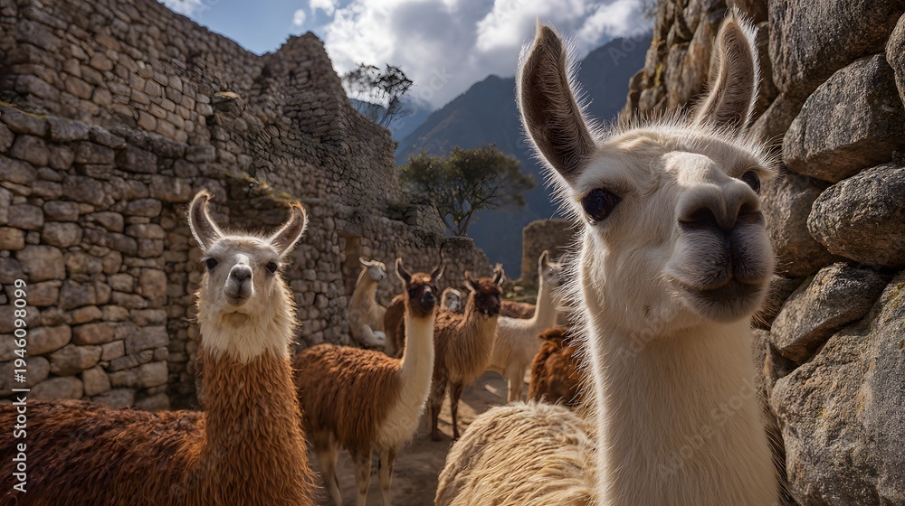 Naklejka premium Engaging close-up of a curious white llama, with a herd and ancient stone ruins creating a dynamic background under a bright sky.