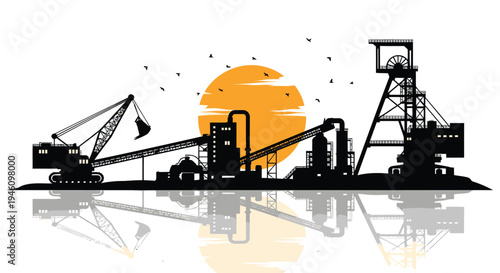 Vector mining industry icons set with silhouette machinery