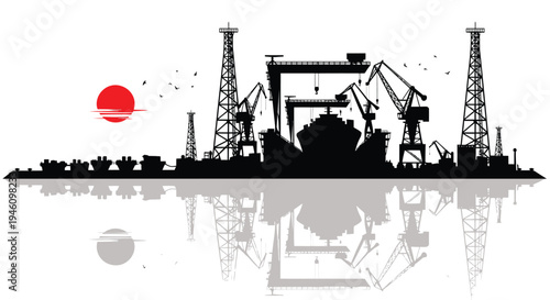 Industrial silhouette vector, factory and construction site