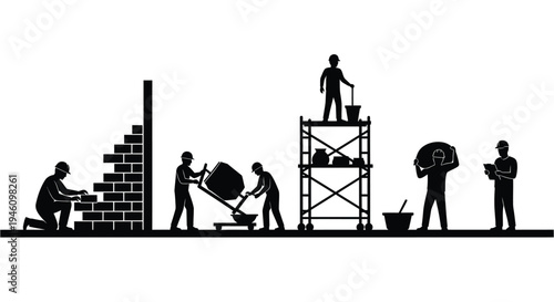 Set of 7 construction workers vector silhouettes