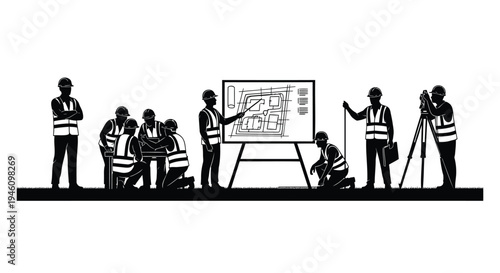Set of 8 construction workers with blueprint vector