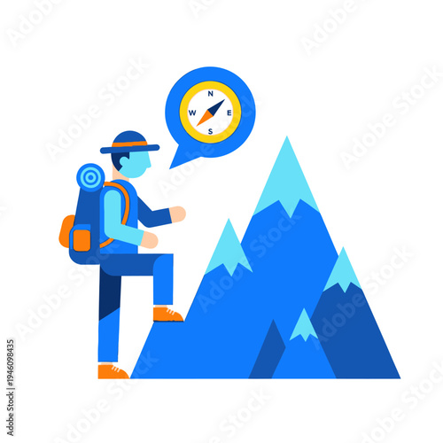 Hiker climbing mountain with compass leading the way
