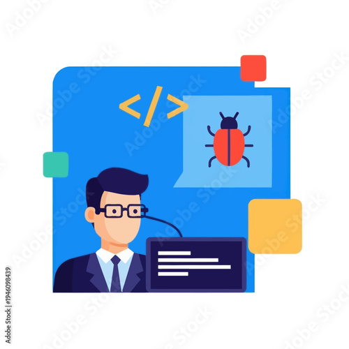 Programmer debugging software, coding error, bug fixing, IT professional at work