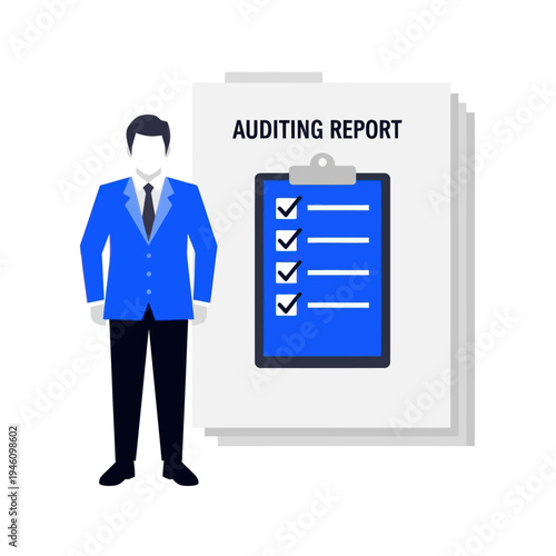 Businessperson near auditing report checklist, accounting concept illustration
