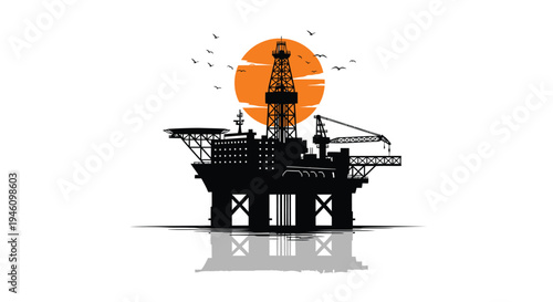 Vector oil rig icon with sunset background