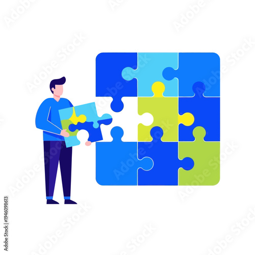 Man placing a puzzle piece to complete a blue and green jigsaw puzzle
