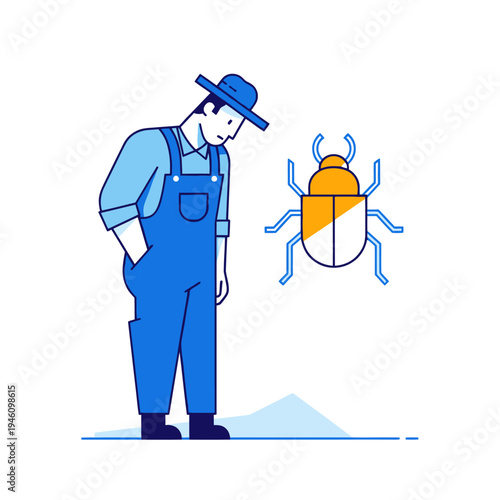 Farmer inspecting a large insect pest in agricultural field, pest control concept.