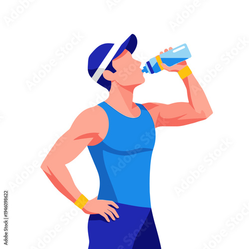 Fit Man Drinking Water From Bottle After Workout, Hydration Fitness Concept