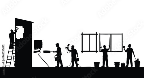 Set of 5 construction workers painting vector silhouettes