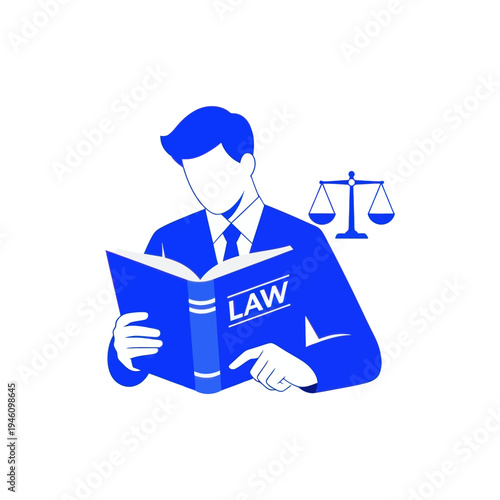 Lawyer reading law book with scales of justice symbol, legal concept