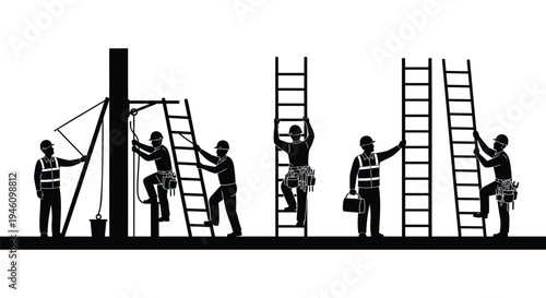 Set of 6 construction workers on ladders vector