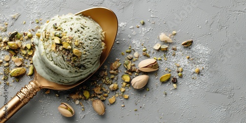 Pistachio ice cream cone with nuts and water splash, fresh gourmet gelato concept for packaging and posters
