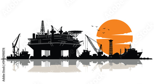 Vector silhouette of oil rig and industrial ships at sunset