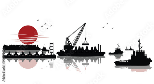 Set of 3 industrial harbor silhouette icons vector