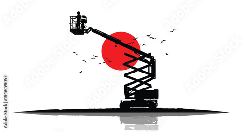 Vector illustration of cherry picker with red sun and birds