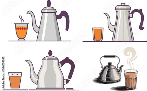 Traditional Indian Chai Kettle and Cutting Tea Glass Vector Illustration