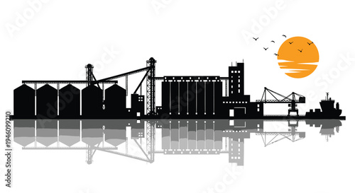 Industrial harbor silhouette vector, sunset background