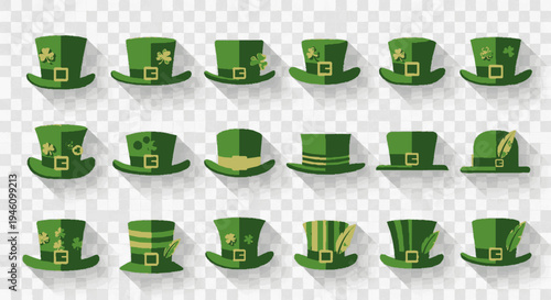 Collection of green top hats with buckles and shamrocks for st patrick's day celebration