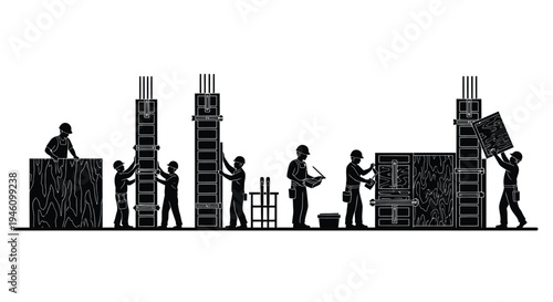 Set of 8 construction workers building cityscape vector