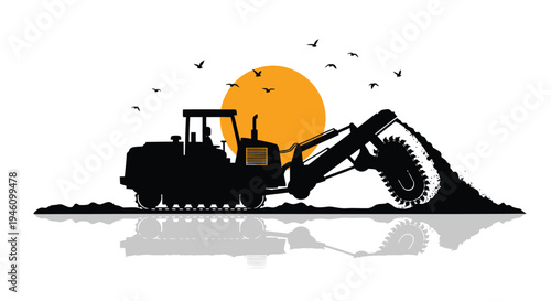Vector illustration of bulldozer silhouette at sunset