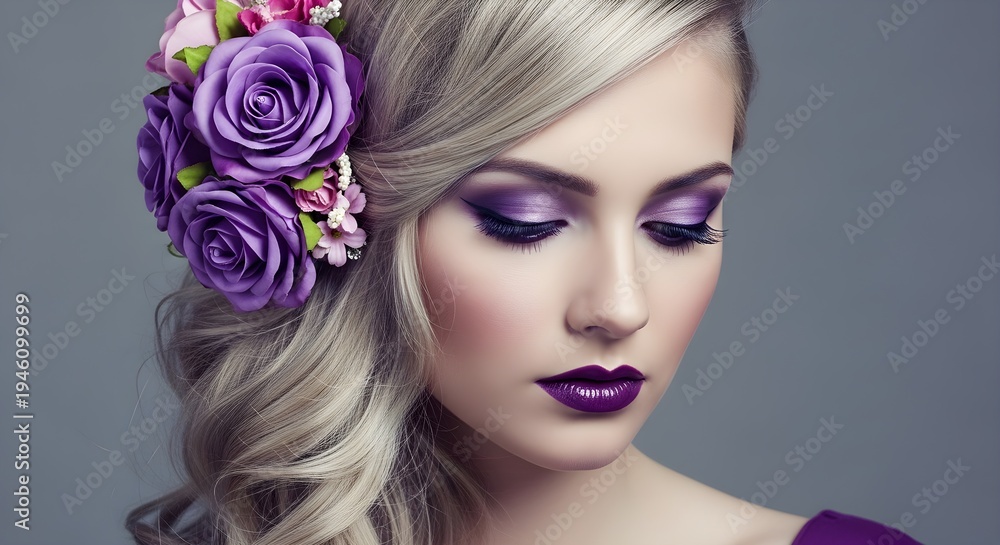 Fototapeta premium Beautiful woman with purple makeup and flowers in hair