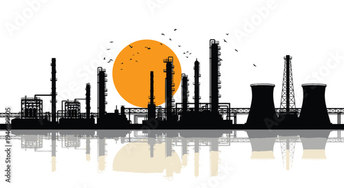 Vector industrial landscape silhouette with factory and sunset