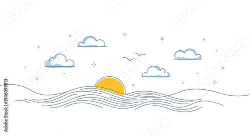 Vector illustration of sunrise over wavy lines with clouds and stars