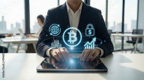 Bitcoin Cryptocurrency Investment and Digital Finance on Tablet