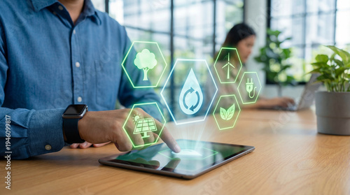 Sustainability and Green Technology Concept on Digital Tablet