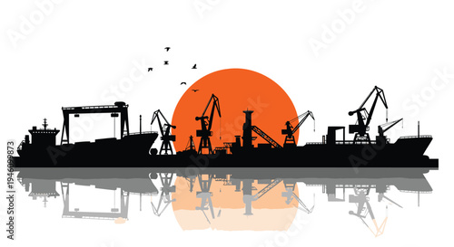 Vector silhouette of oil rigs and cargo ship at sunset