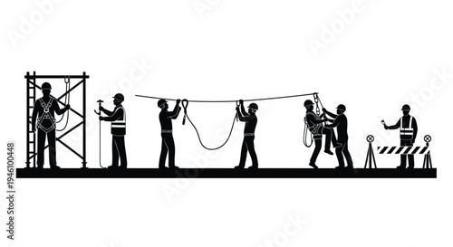 Set of 7 construction workers vector silhouettes