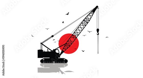 Vector illustration of a crane with red sun and birds
