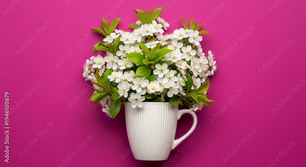 Fototapeta premium Delicate white flowers with vibrant green leaves beautifully arranged in a plain white ceramic mug, set.