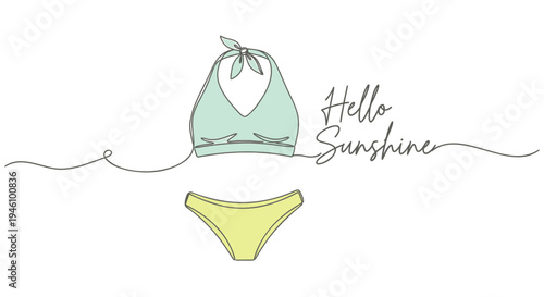 Vector illustration of green bikini and yellow underwear with 'Hello Sunshine' text