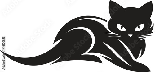 Black cat vector illustration with glowing eyes, crouching low, flat design
