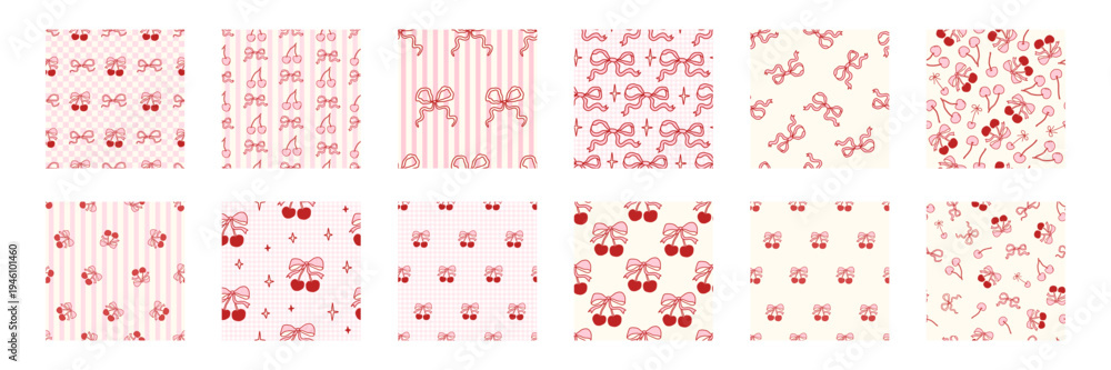 Naklejka premium Seamless cherry pattern set with pink bows and hearts. Cute coquette design for fabric, gift wrap, or romantic Valentine backgrounds. Girly vintage print with ribbon accents. Vector illustration