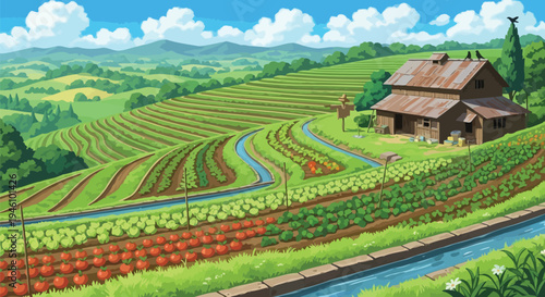 Anime Style Summer Terraced Hillside Farm with Vegetable Rows Scarecrow and Wooden Barn