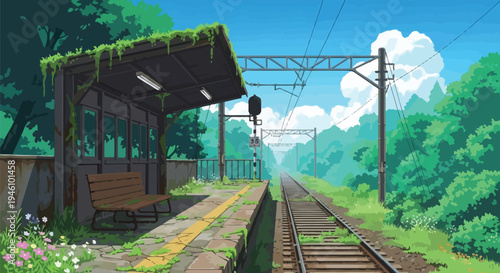 Anime Style Abandoned Summer Train Station Platform Overgrown with Vines and Wildflowers