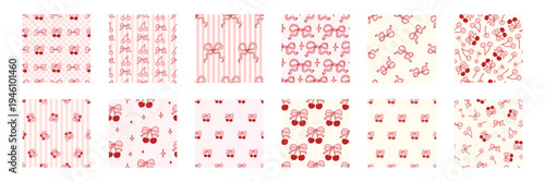 Seamless cherry pattern set with pink bows and hearts. Cute coquette design for fabric, gift wrap, or romantic Valentine backgrounds. Girly vintage print with ribbon accents. Vector illustration