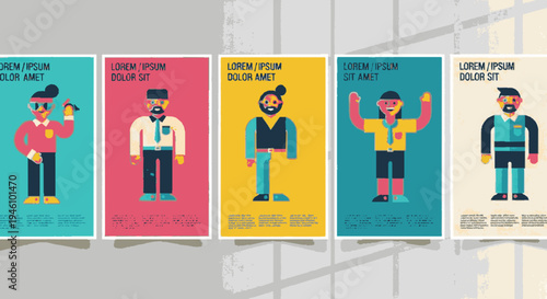 Five colorful posters with diverse people in various poses and outfits on a gray background