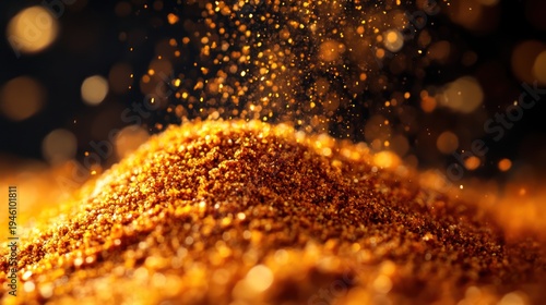 Golden glitter explosion, blurred bokeh background. Possible use Stock photo for celebration, event, or party design