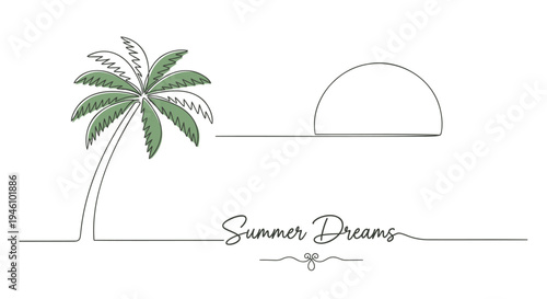 Vector illustration of palm tree and sun at sunset with 'Summer Dreams' text