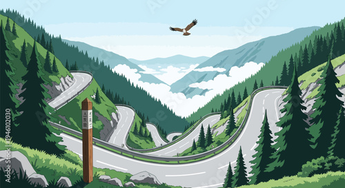 Anime Style Summer Mountain Switchback Road Through Pine Forest with Eagle and Cloud Filled Valley