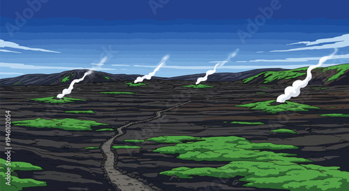 Anime Style Volcanic Lava Field Landscape with Geothermal Steam Vents Moss and Winding Stone Path