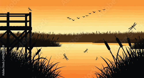 Flat Vector Summer Sunset Wetland Silhouette with Dragonflies Flying Geese Reeds and Wooden Dock