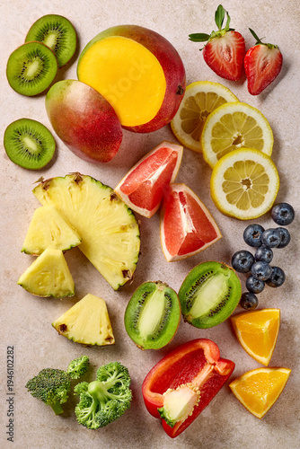 various fresh raw fruits and vegetables