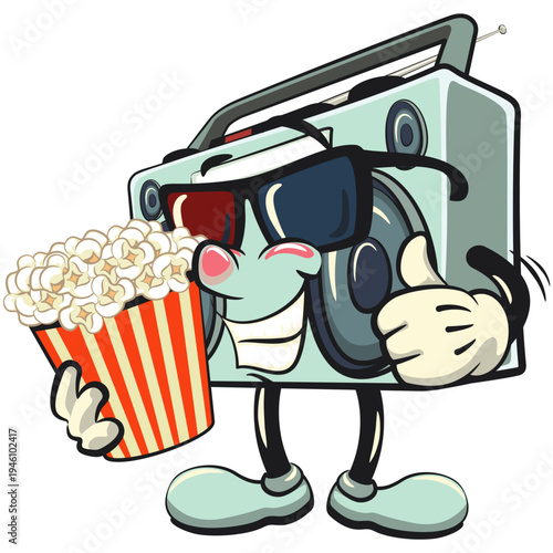 cute retro boombox radio mascot character with a bucket of popcorn with wearing 3d glasses, isolated vector illustration, work of hand drawn
