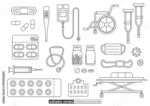 薬・注射・マスク　病気や医療のアイテムセット（編集可能なストローク）