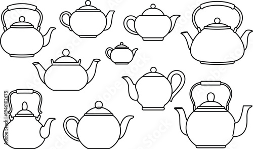 Outlined Teapots of Various Shapes and Sizes on a White Background kettle drawing