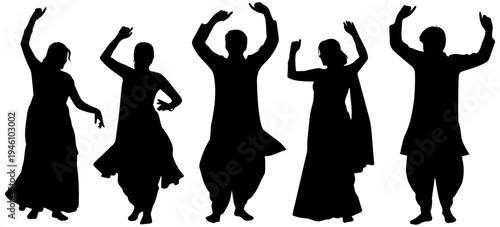 Silhouettes of people dancing in traditional Indian attire with arms raised